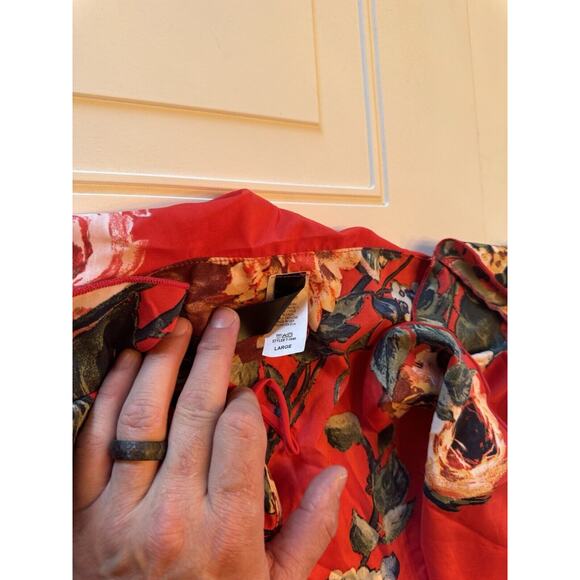 Jayvee Red Floral Ruffle Neck Waist Tie Chiffon Wrap Style Shirt, Sz L - Picture 3 of 7